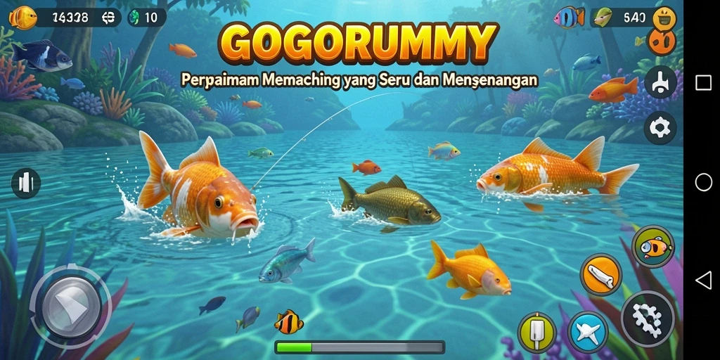Screenshot GOGORUMMY menampilkan pemain yang menangkap ikan besar di lautan.