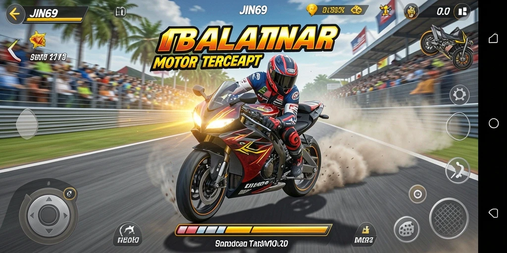 Screenshot dari gameplay JIN69 menampilkan balapan motor yang penuh aksi.