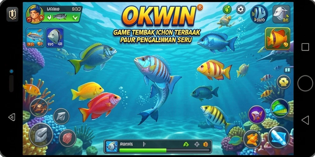 Gameplay seru dari OKWIN saat menembak ikan di bawah laut.